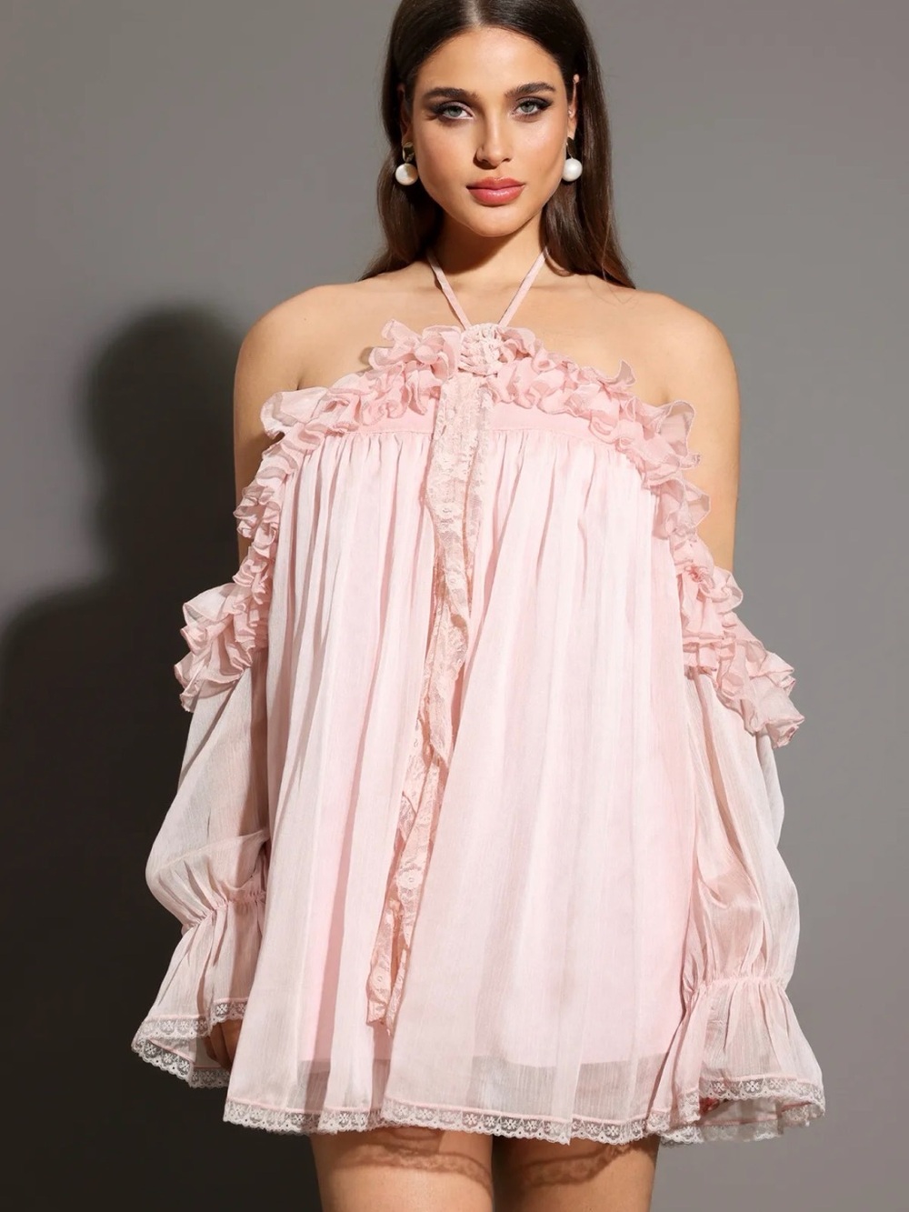 Off-Shoulder Ruffle Mini Dress in Blush Pink